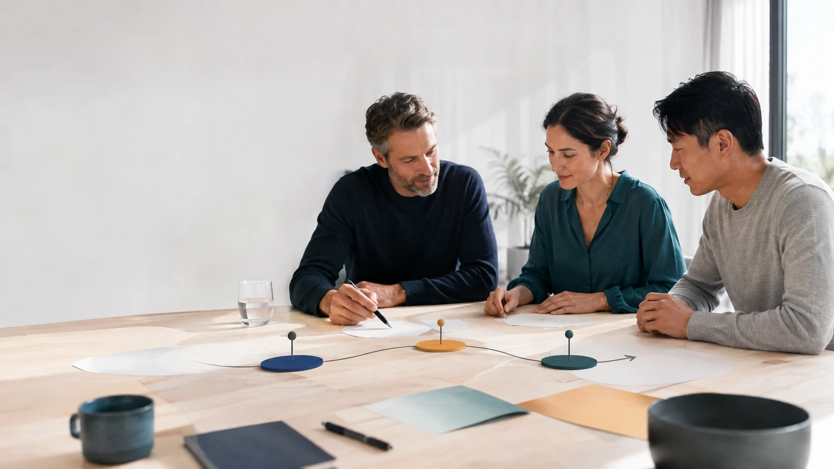 Drei Personen besprechen an einem Tisch einen auf Papier skizzierten Ablauf.